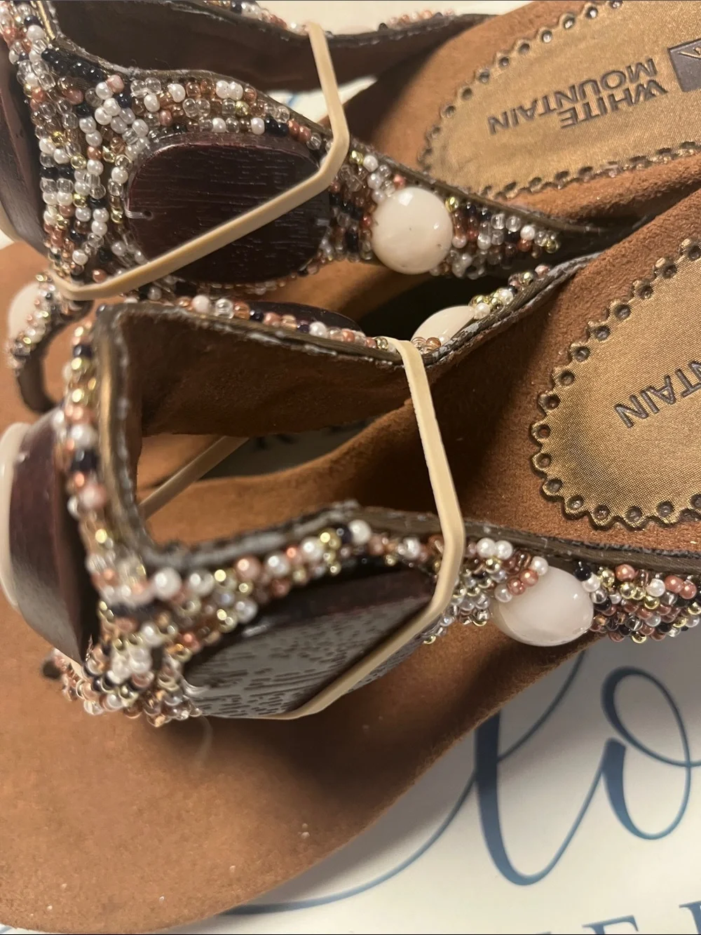 White Mountain Brown Beaded Thong Sandals with White Stone Accents